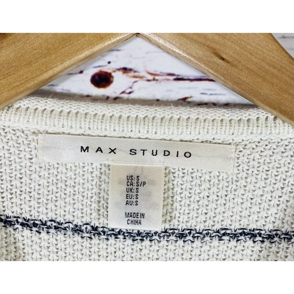 Max Studio Sweater Womens Sz Small Knit Ivory Blue Stripes Nautical Raw Hem - Picture 4 of 12